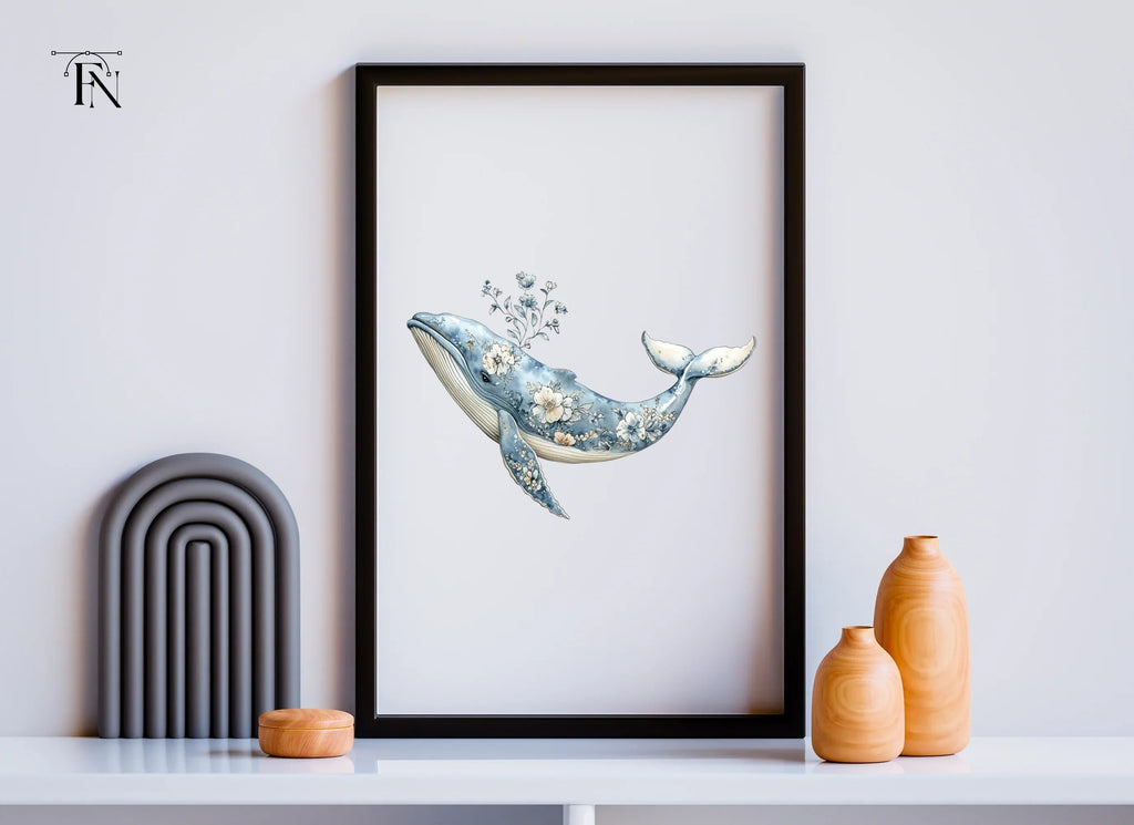 Elegant Blue Floral Whale Clipart Bundle
