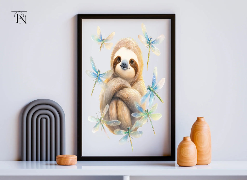 Happy Sloth with Dragonflies Clipart Bundle