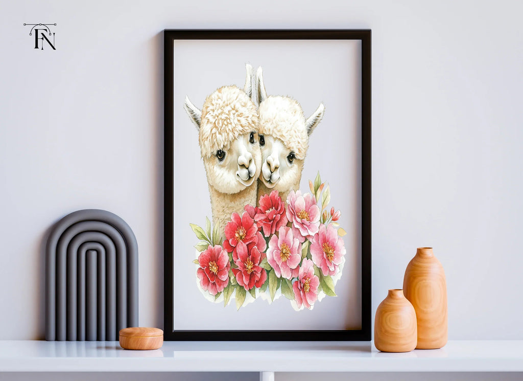 Cute Alpaca Couple with Pink Flowers Clipart Bundle