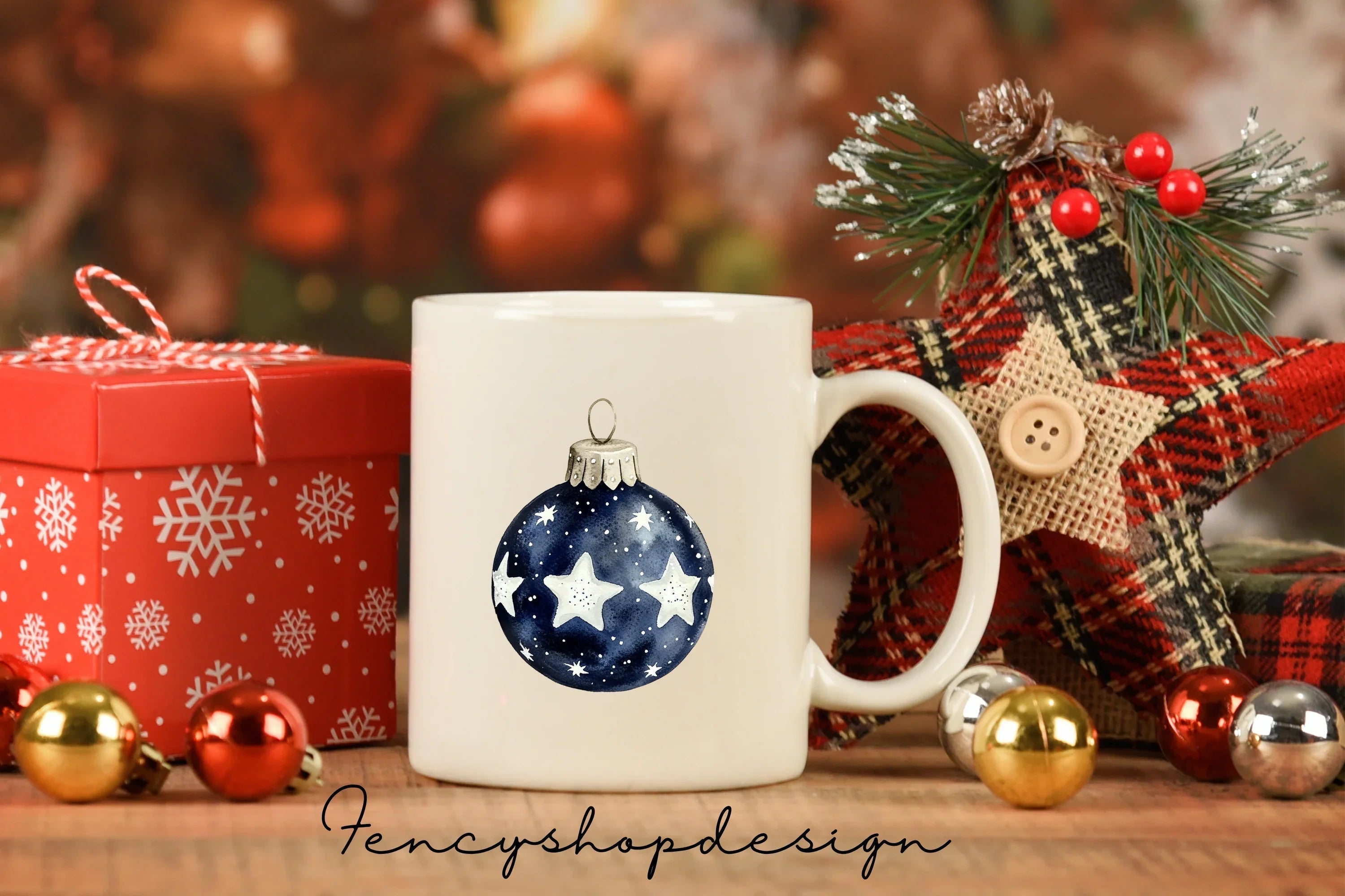 Blue Starry Christmas Ornaments Clipart Bundle