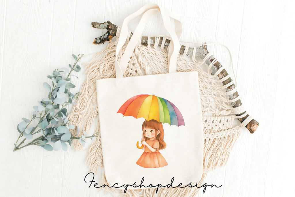 Cute Girls with Rainbow Umbrellas Clipart Bundle