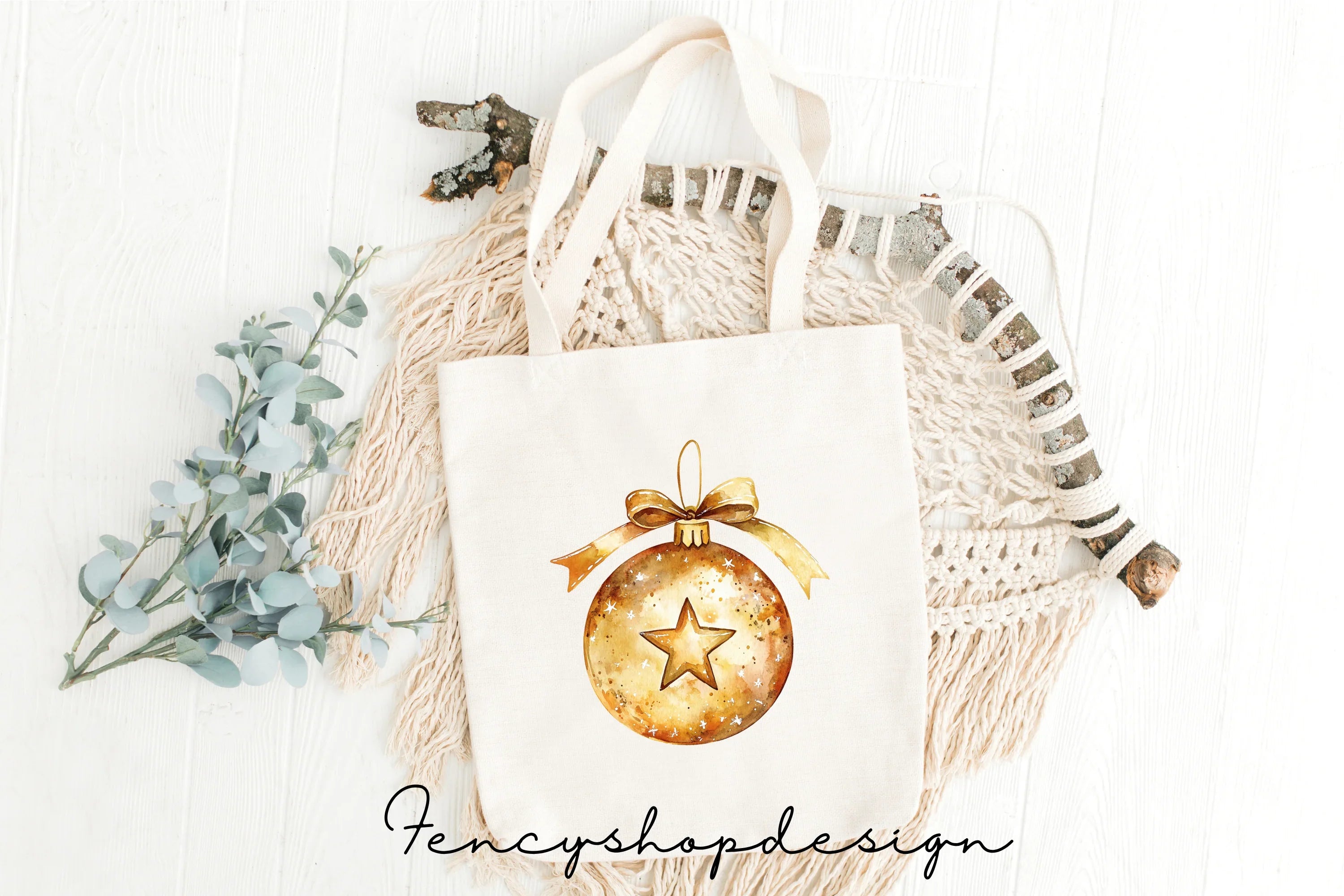 Golden Christmas Ornaments Holly Clipart Bundle