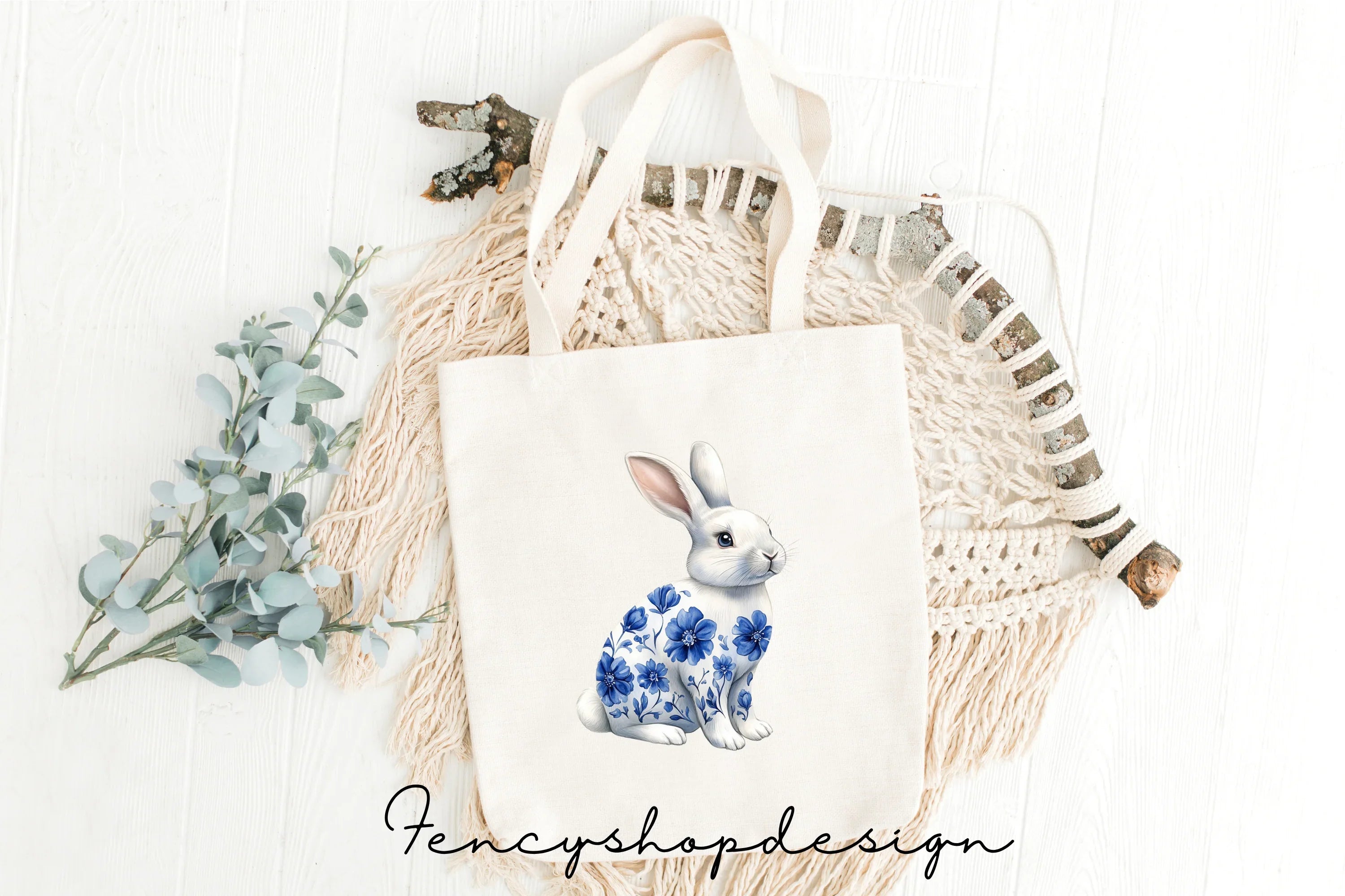 Chinoiserie Blue White Bunny Clipart Bundle