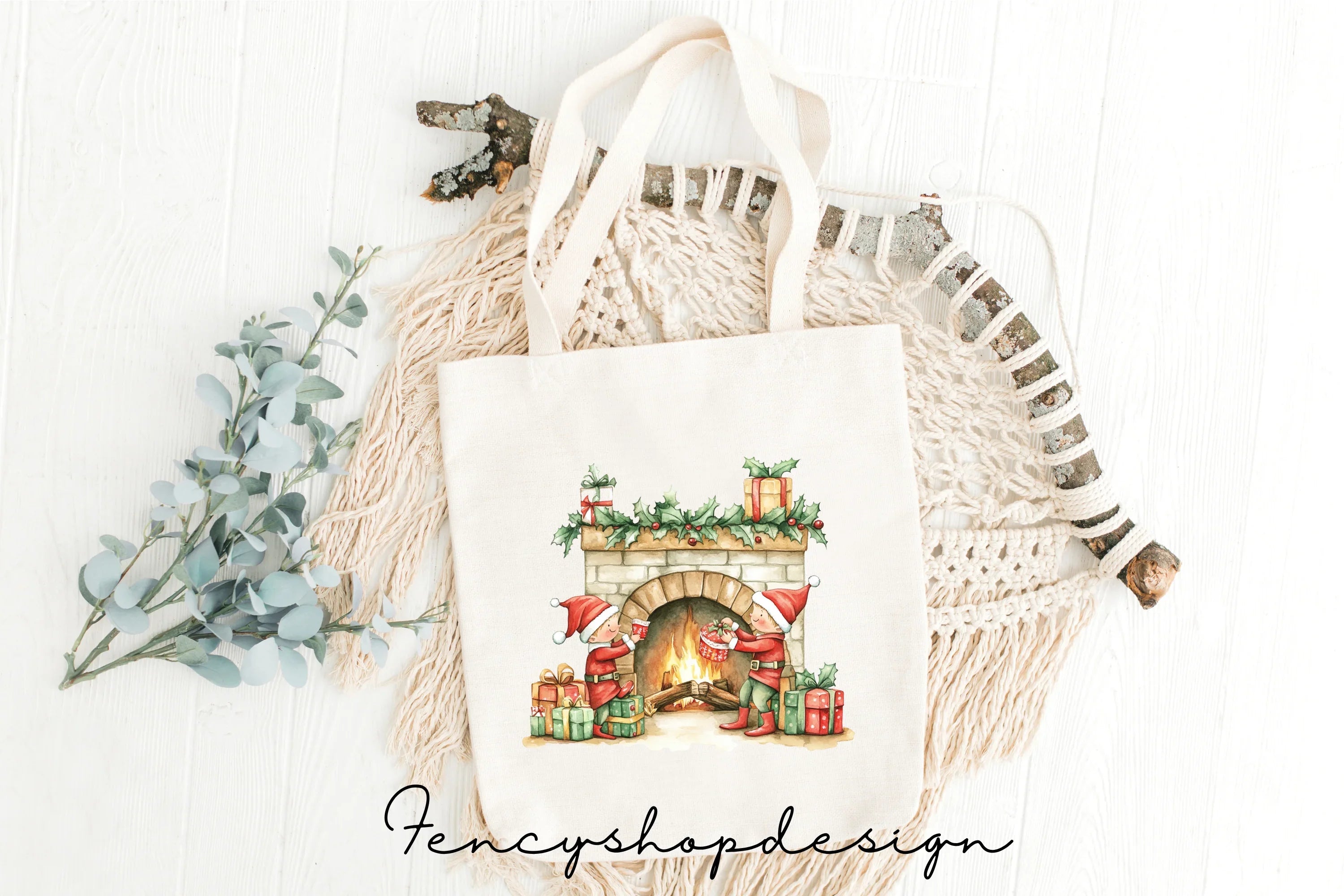 Christmas Elves Fireplace Clipart Bundle