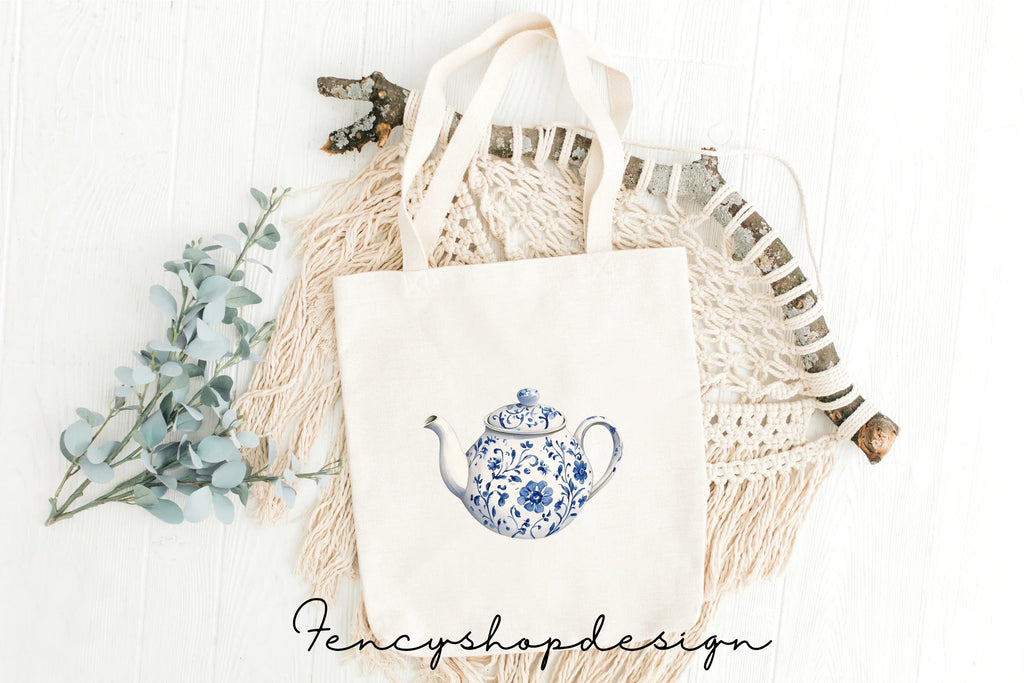 Blue White Floral Teapot Clipart Bundle