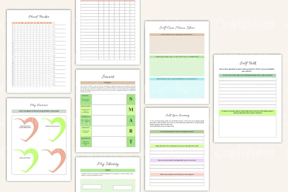 Self-care and goal planner bundle digital product pages.