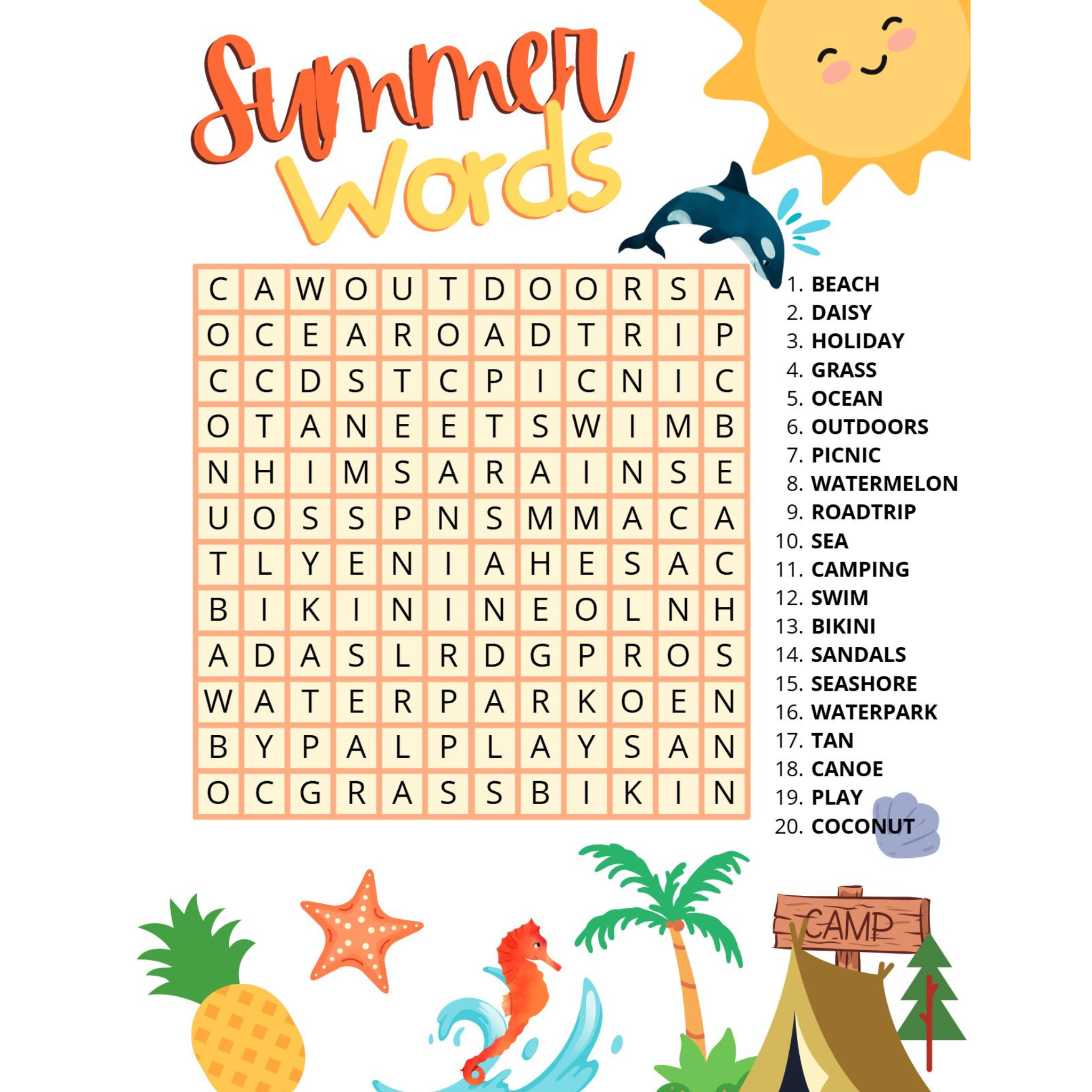 Summer Words Puzzle Worksheet