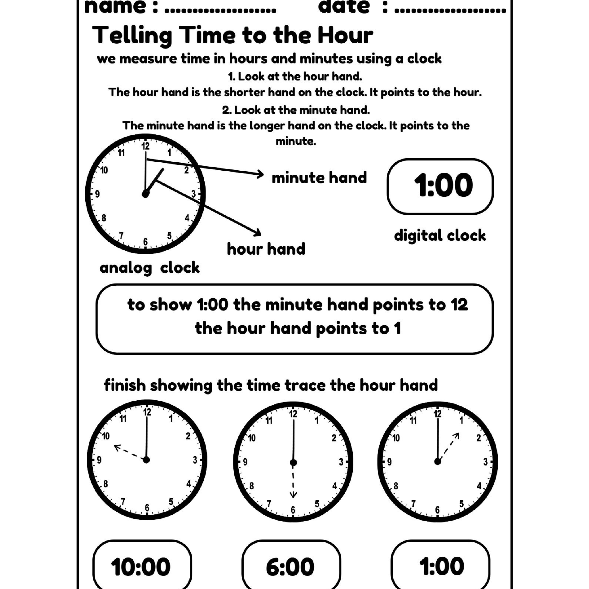 Telling Time to the Hour and Half Hour Worksheets