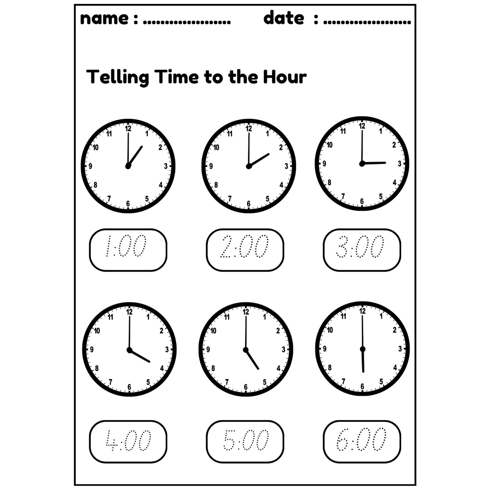 Telling Time to the Hour and Half Hour Worksheets