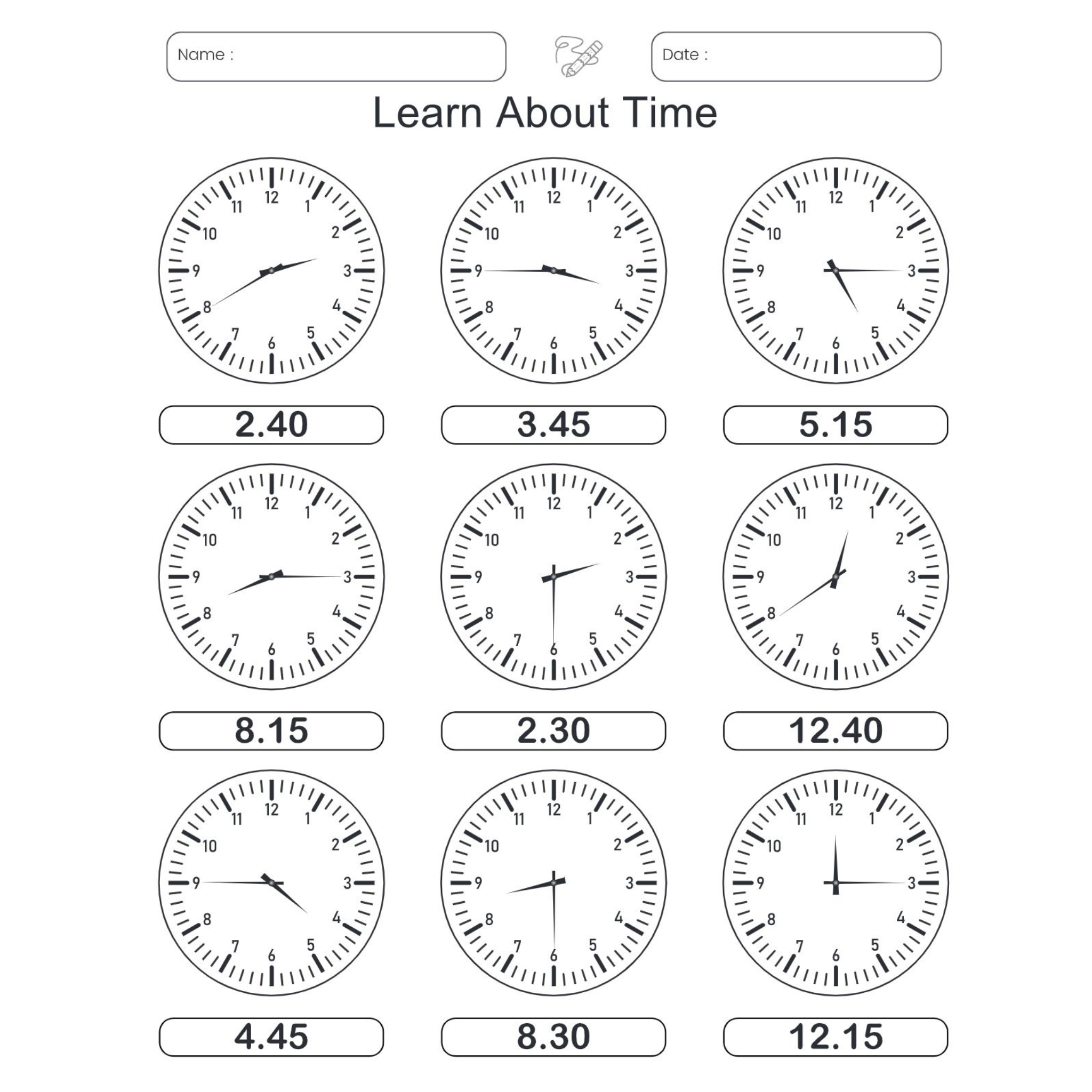 Time Learning Clocks Worksheet Book