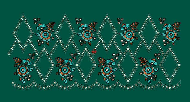 Diamond Floral Scallop Border Green & Teal Embroidery Design