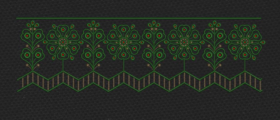 Floral Tree Chevron Border Green & Red Embroidery Design