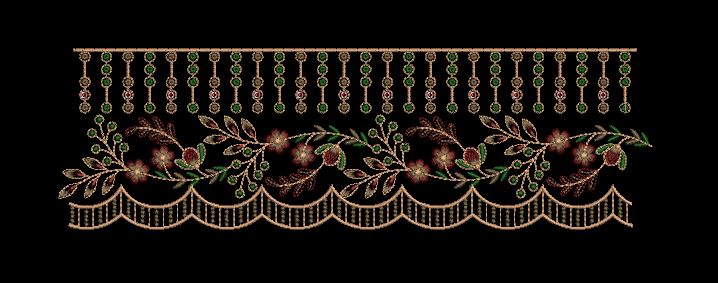 Hanging Bead Floral Scallop Border Black & Gold Embroidery Design