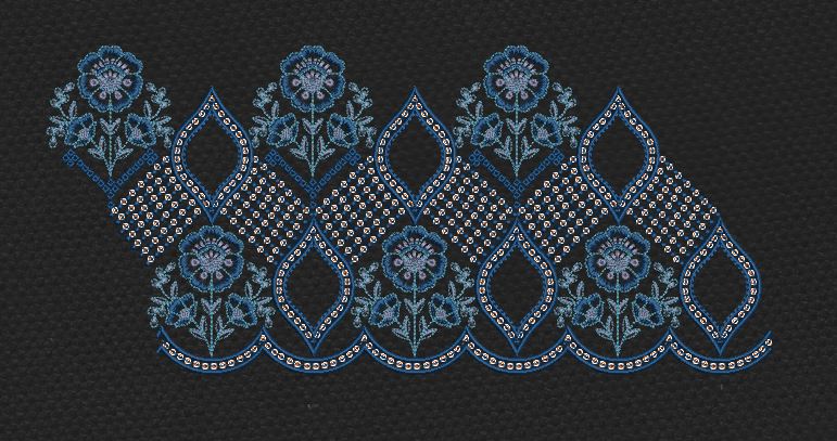 Diamond Floral Scallop Border Navy Blue Embroidery Design