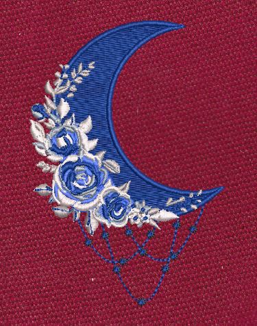 Blue Floral Crescent Moon Embroidery Design