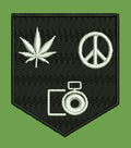 Shield Emblem with Leaf Peace and Camera Icons Embroidery Design