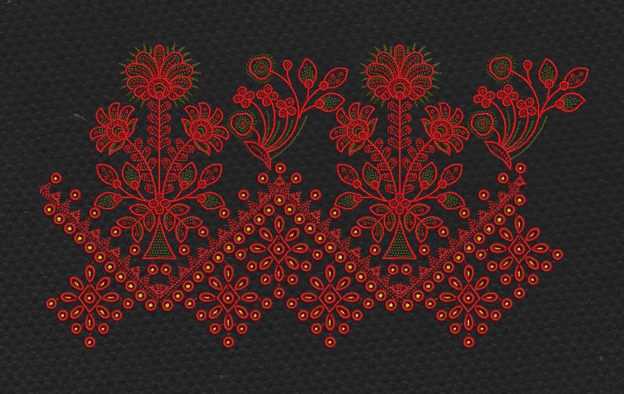 Black Crimson Wildflower Bouquet Hem Border Black & Deep Red Embroidery Design