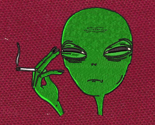 Lazy Smoking Alien Face Green & Black Embroidery Design