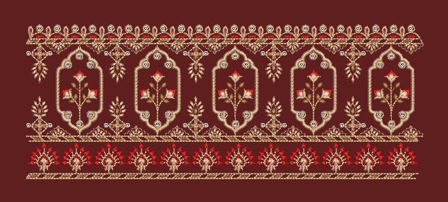 Maroon Mughal Arch Floral Panel Border Maroon & Antique Gold Embroidery Design