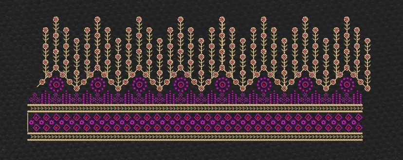 Dark Floral Stem Rain Border - Black, Purple & Gold Embroidery Design