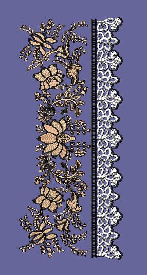 Intricate Floral Vine and Scalloped Lace Border Embroidery Design