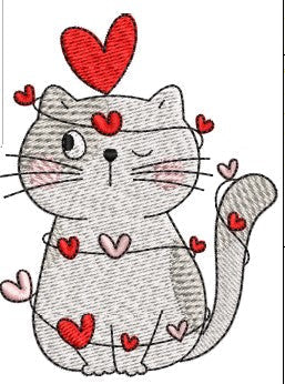 Cat With Heart Embroidery Design