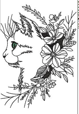 Cat With Flowers Embroidery Design
