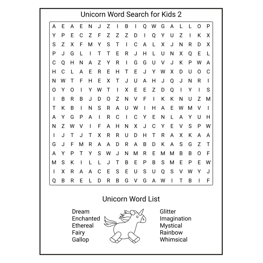 Unicorn Word Search for Kids