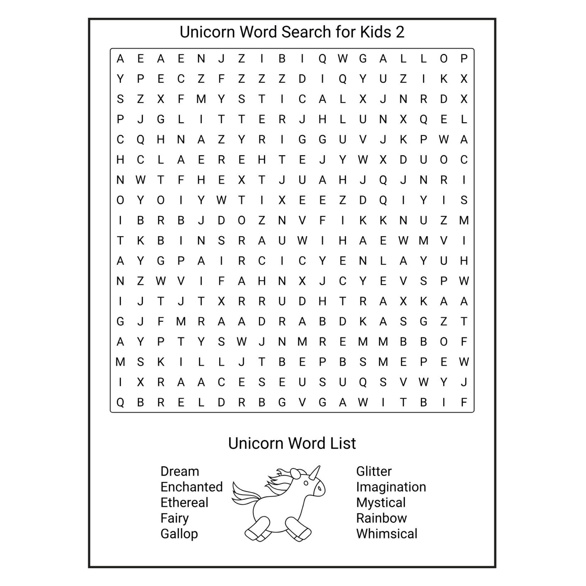 Unicorn Word Search for Kids
