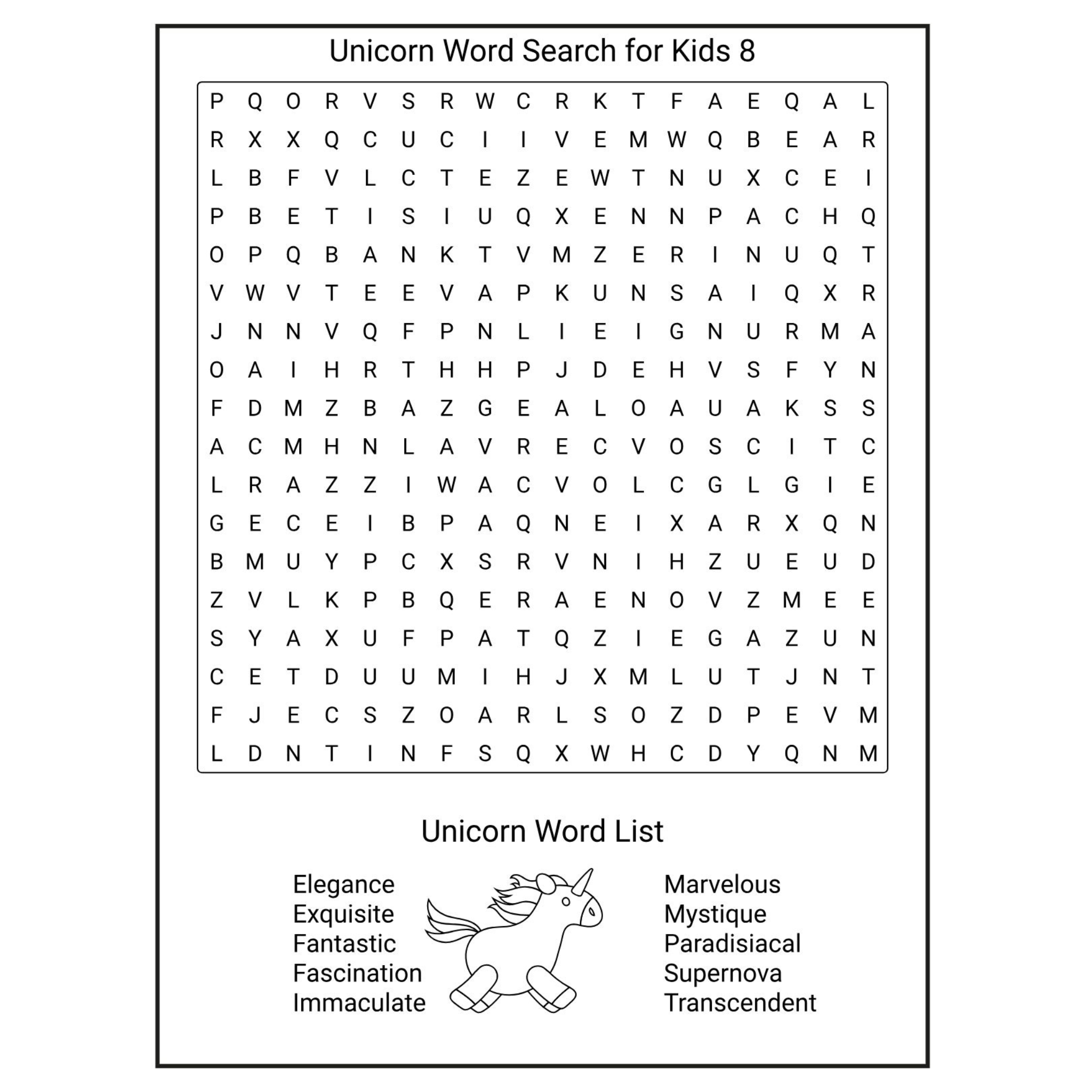 Unicorn Word Search for Kids