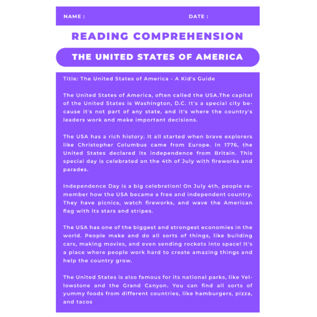 USA Reading Comprehension Worksheet
