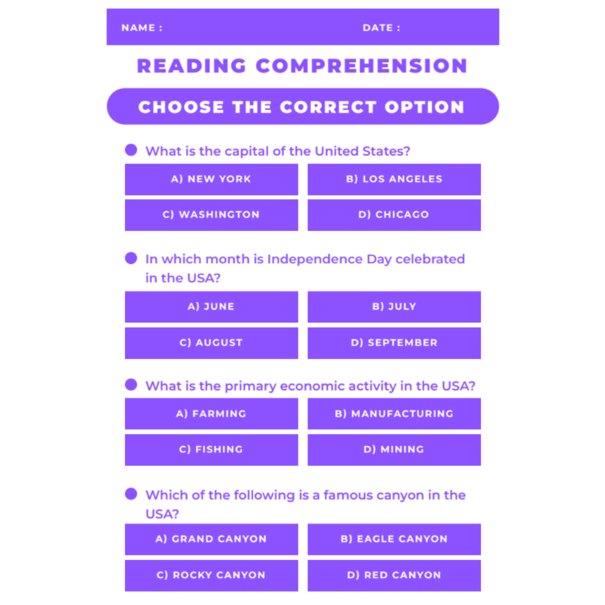 USA Reading Comprehension Worksheet