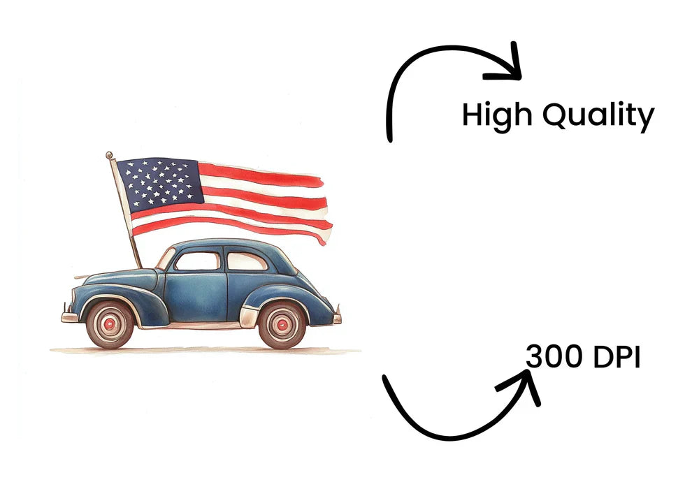 Classic vintage car with American flag clipart digital product.